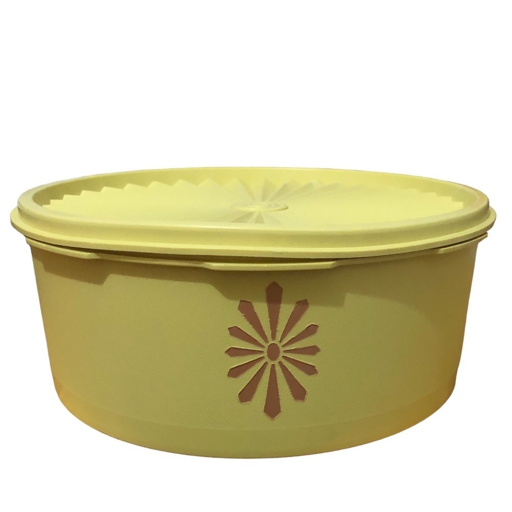 Vintage Tupperware Yellow Floral Plastic Storage Bowl with Lid